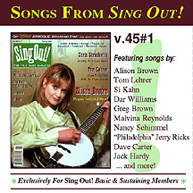 CD art for Sing Out! V.45#1: Alison Brown; Tom Lehrer; Chris Strachwitz & Arhoolie Records; 'Philadelphia' Jerry Ricks; Dave Carter & Tracy Grammer; Harmonia; Si Kahn